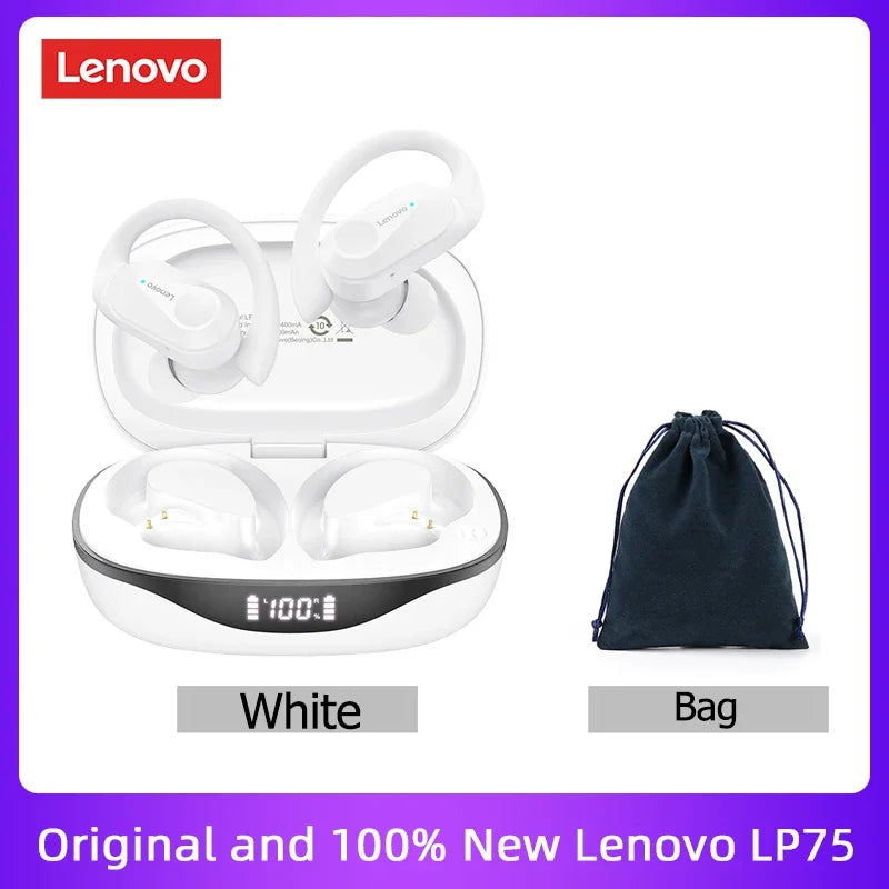 Original Lenovo LP75 TWS Bluetooth V5.3 Headphones Wireless LED Digital Display Earphones Noise Reduction Waterproof Headset New shown in white with charging case and black carrying bag for electronic items use.