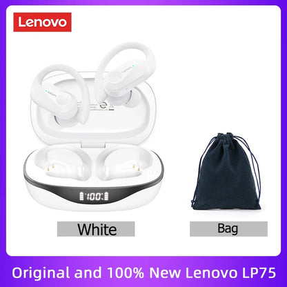 Original Lenovo LP75 TWS Bluetooth V5.3 Headphones Wireless LED Digital Display Earphones Noise Reduction Waterproof Headset New shown in white with charging case and black carrying bag for electronic items use.