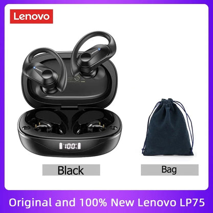 Original Lenovo LP75 TWS Bluetooth V5.3 Headphones Wireless LED Digital Display Earphones Noise Reduction Waterproof Headset New with charging case and storage bag shown in black color.