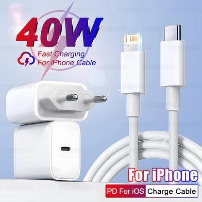 PD 40W Fast Charger For iPhone 14 13 12 11 15 16 Pro Max Phone Charger For iPhone 15 16 Plus USB C Cable Fast Charging Data Line with white USB C and Lightning connectors and a compact wall adapter.
