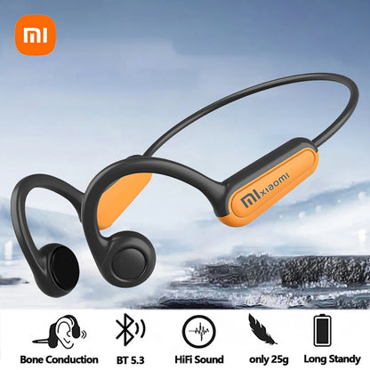 Xiaomi Mijia Bone Conduction Earphones Bluetooth 5.3 Sports Wireless Headphones Ear Hook Waterproof Headset for Running Driving shown with black and orange design, highlighting lightweight and durable features.