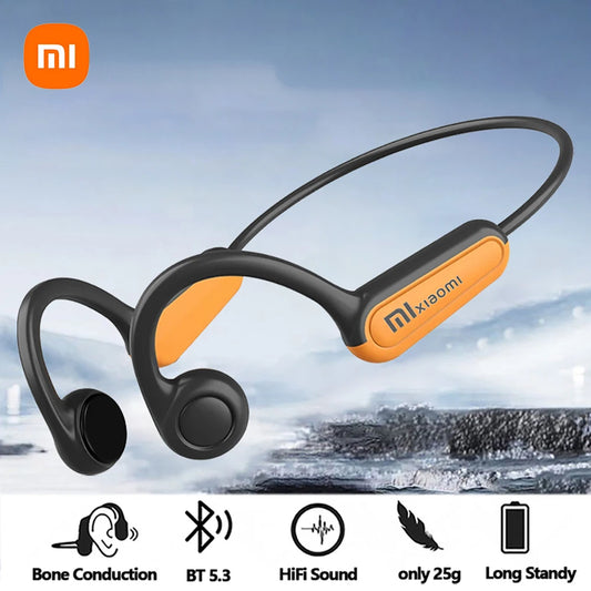 Xiaomi Mijia Bone Conduction Earphones Bluetooth 5.3 Sports Wireless Headphones Ear Hook Waterproof Headset for Running Driving shown with black and orange design, highlighting lightweight and durable features.