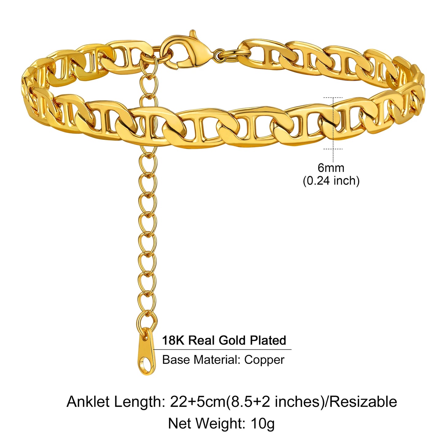 U7 Ankle Bracelets for Women 6mm Flat Curb Cuban Link Snake Figaro Mariner Link Chain Anklets Summer Beach Feet Jewelry Gift