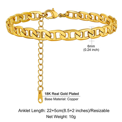 U7 Ankle Bracelets for Women 6mm Flat Curb Cuban Link Snake Figaro Mariner Link Chain Anklets Summer Beach Feet Jewelry Gift