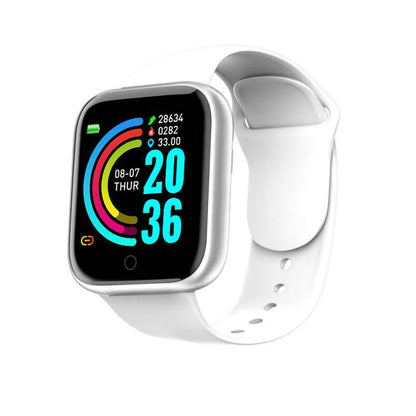 White multifunctional smart watch with colorful digital display and sporty strap, featuring Bluetooth phone connection and fitness tracking, Multifunctional Smart Watch Men Women Bluetooth Connected Phone Music Fitness Sports Bracelet Sleep Monitor Y68 Smartwatch D20.