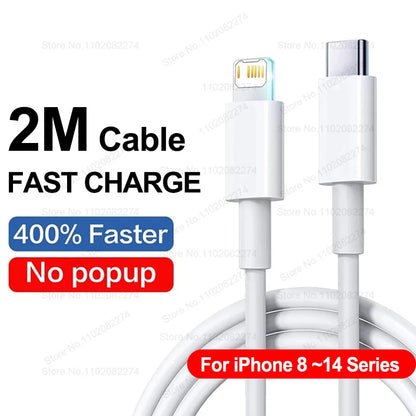 White USB C to Lightning charging cable coiled with "2M Cable Fast Charge" text, highlighting speed and compatibility with iPhone 8 to 14, part of PD 40W Fast Charger For iPhone 14 13 12 11 15 16 Pro Max Phone Charger For iPhone 15 16 Plus USB C Cable Fast Charging Data Line.