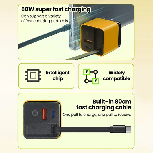80W Super Fast Charge Type C USB Phone Charger With Telescopic USB C Cable For Iphone 16 15 Samsung Laptop With Light