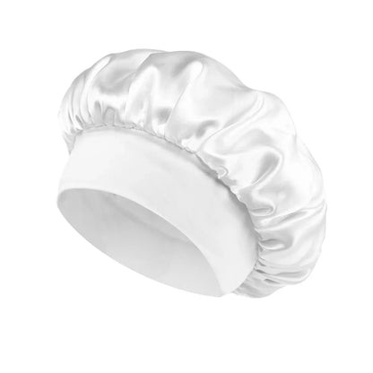 White silky Women Satin Bonnet Hair Bonnet for Sleeping Hair Care Silk Bonnets Solid Wide-brimmed Sleeping Hat with Elastic Soft Band designed for gentle nighttime hair protection.