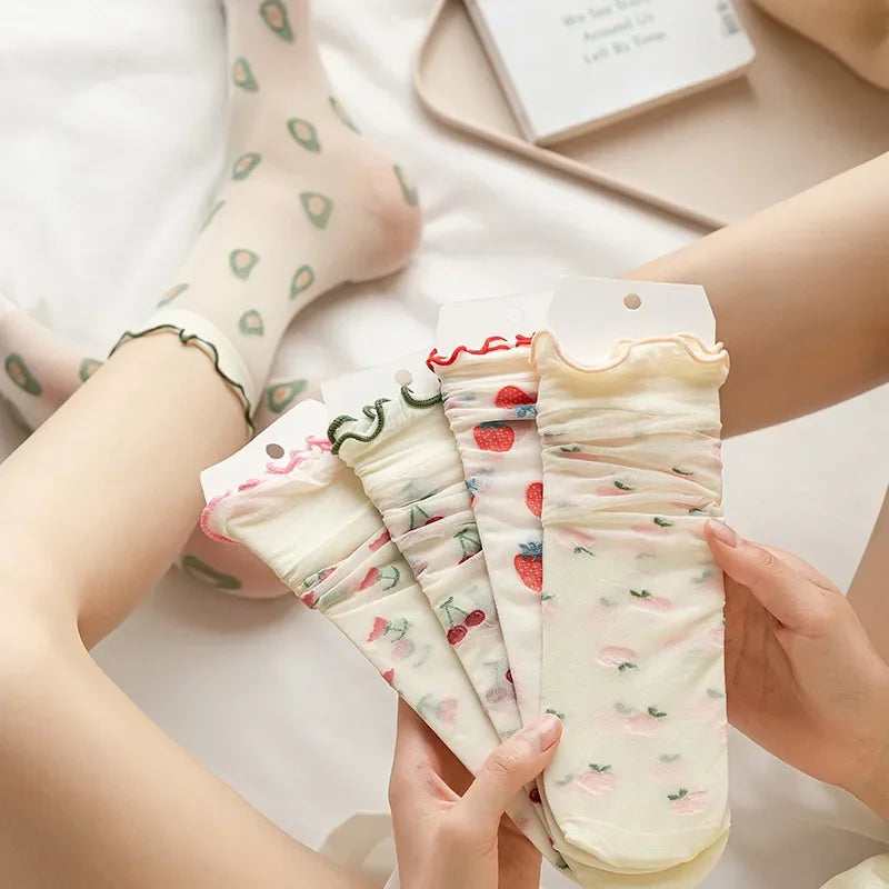 Dopamine JK Kawaii Fruit Ruffled Cute Silk Socks Women Summer Thin Breathable Flower Crystal Sexy Transparent Female Lace Socks