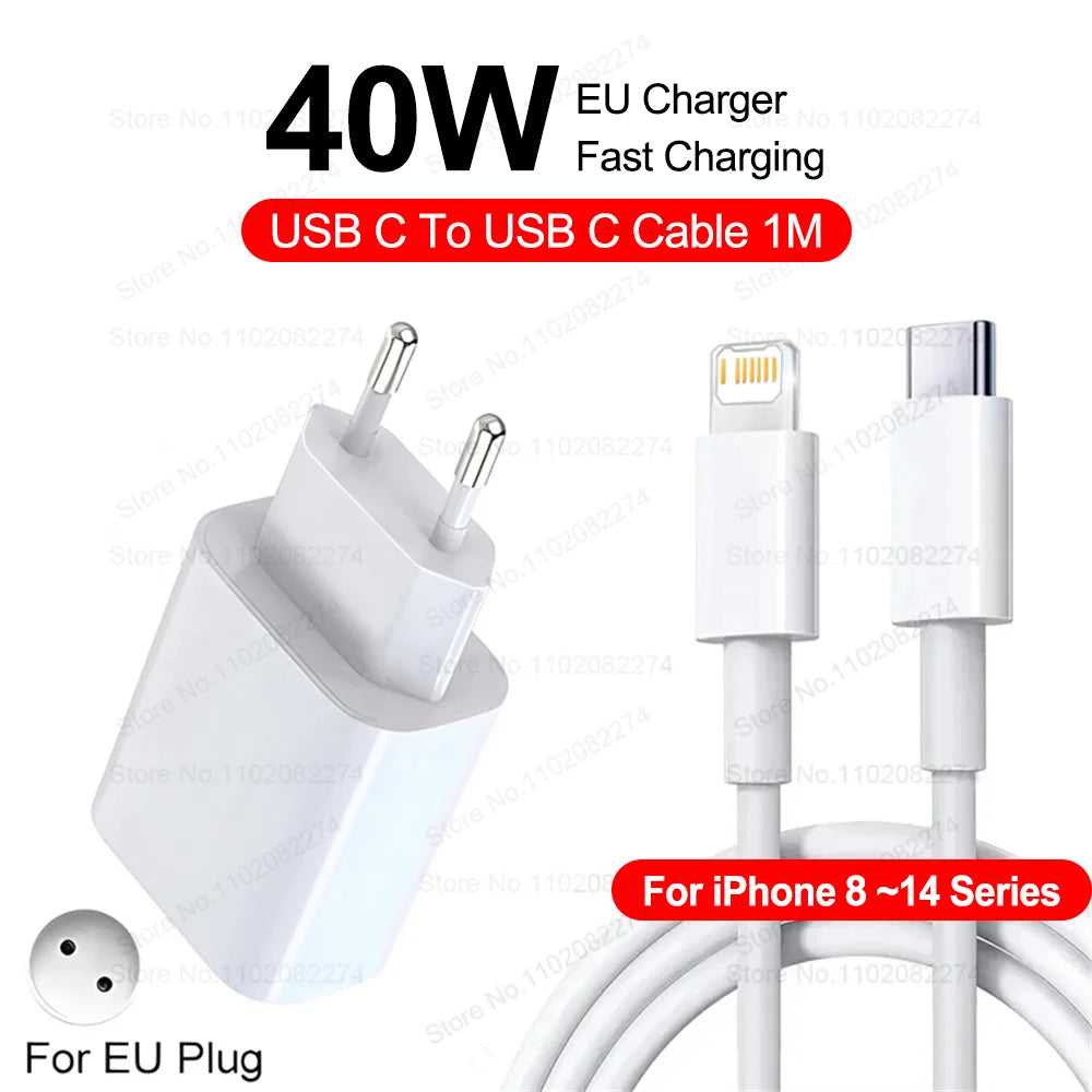 PD 40W Fast Charger For iPhone 14 13 12 11 15 16 Pro Max Phone Charger For iPhone 15 16 Plus USB C Cable Fast Charging Data Line with EU plug and USB C to USB C 1M cable for iPhone 8 to 14 series.