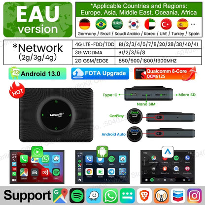 Android 13 CarlinKit Android Auto Wireless CarPlay AI TV Box QCM6125 8-Core Split Screen 64G 128G For Netflix YouTube Play Store
