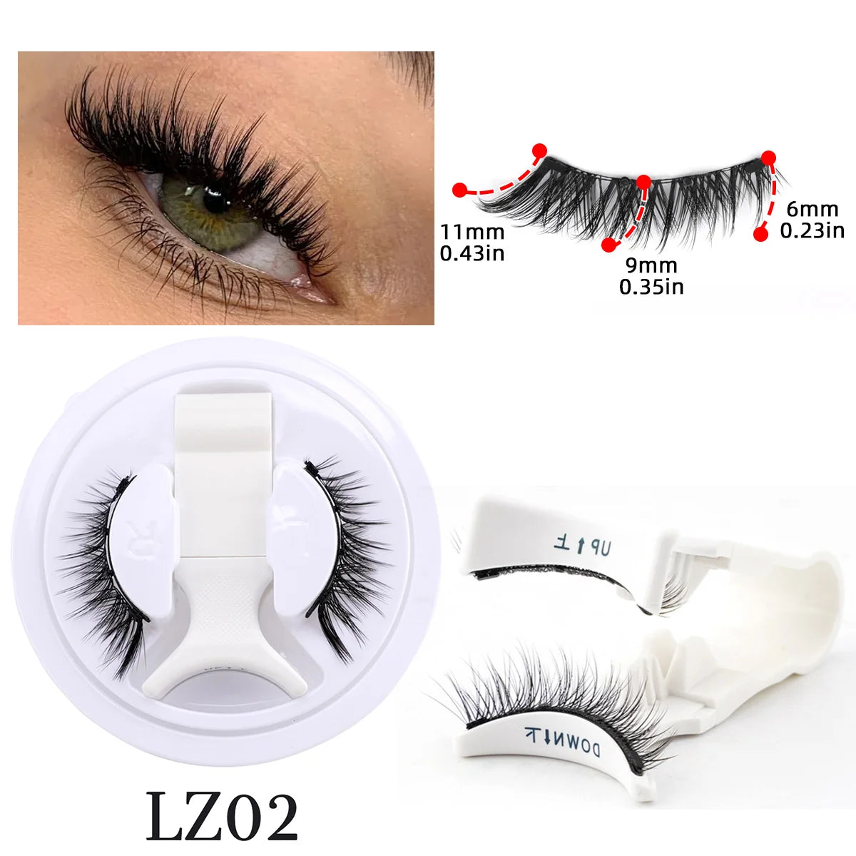 Close-up of an eye wearing Hot 1 Pair Magnetic Eyelashes Handmade Fluffy Faux Mink Lashes Reusable Natural False Eyelashes and Magnetic Tweezers Set Makeup with detailed length measurements and the lashes displayed in white packaging alongside magnetic tweezers.