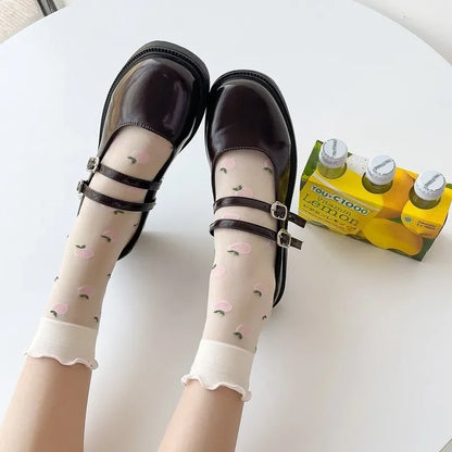 Dopamine JK Kawaii Fruit Ruffled Cute Silk Socks Women Summer Thin Breathable Flower Crystal Sexy Transparent Female Lace Socks