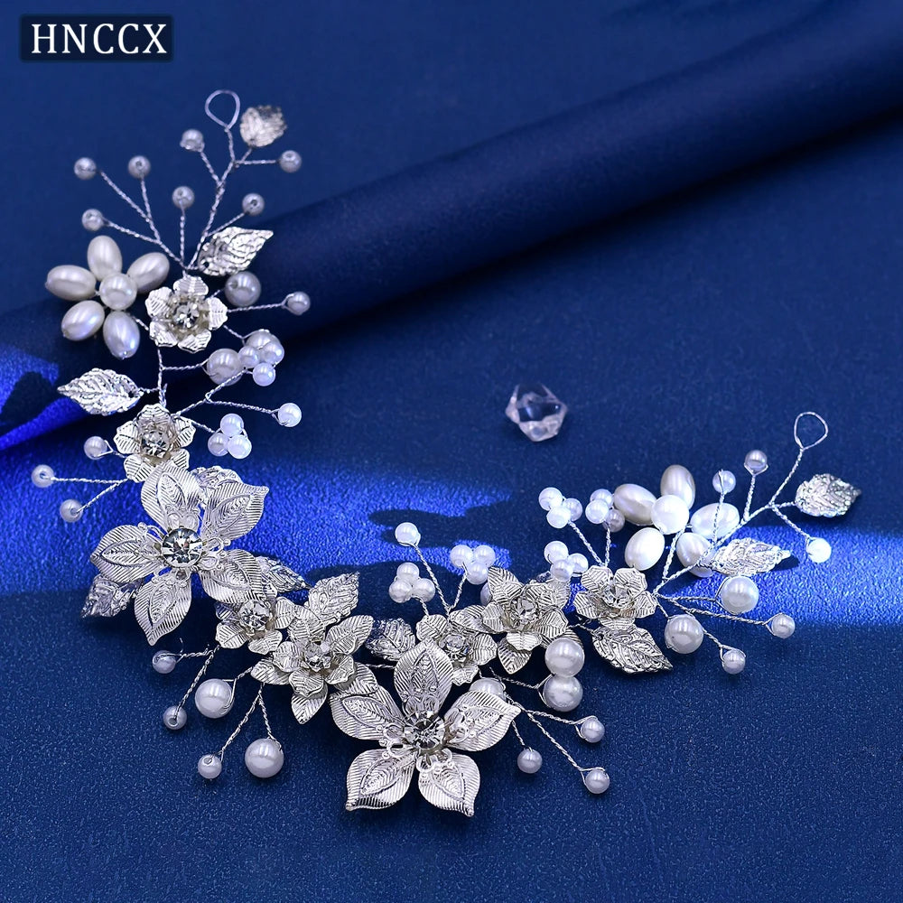 HNCCX Silver Color Alloy Leaves Hair Accessories For Elegant Girls Bride Wedding Hair Jewelry Pearl Headpieces Gift CP603