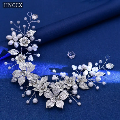 HNCCX Silver Color Alloy Leaves Hair Accessories For Elegant Girls Bride Wedding Hair Jewelry Pearl Headpieces Gift CP603