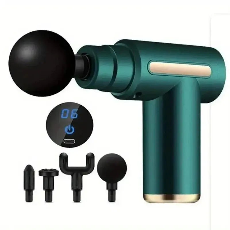 Mini Muscle Massage Gun Protable Body Massager Deep Handheld Percussion Massager For Body Back And Neck Leg in teal with digital display and four interchangeable massage heads for targeted muscle relief.