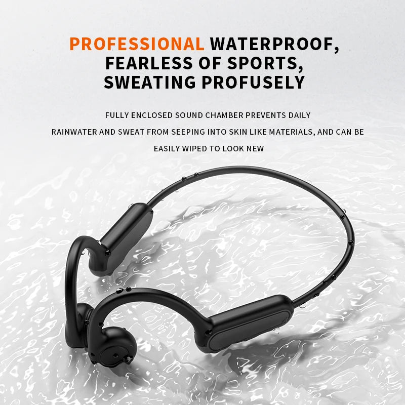 Black Xiaomi Mijia Bone Conduction Earphones Bluetooth 5.3 Sports Wireless Headphones Ear Hook Waterproof Headset for Running Driving shown with water droplets to emphasize waterproof feature and durability during sports.