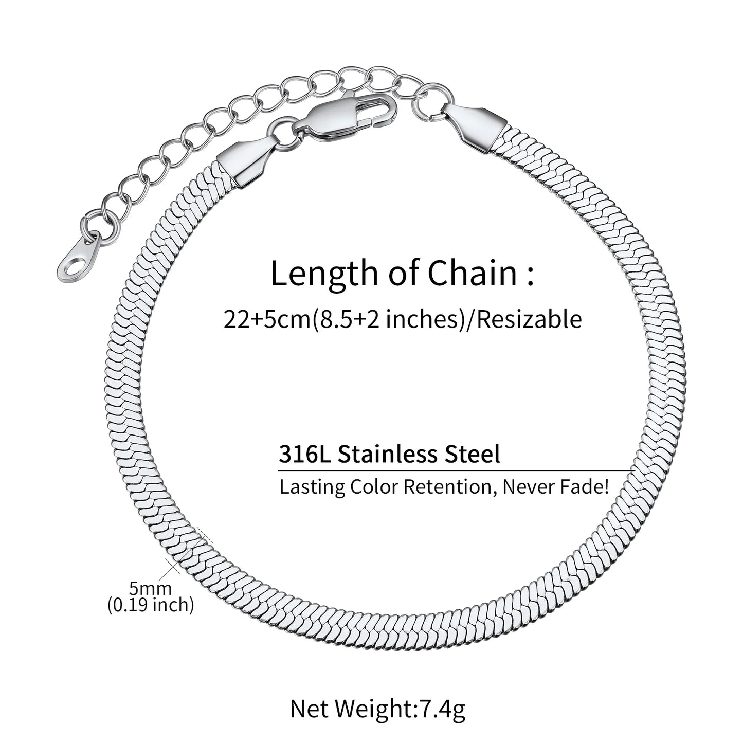 U7 Ankle Bracelets for Women 6mm Flat Curb Cuban Link Snake Figaro Mariner Link Chain Anklets Summer Beach Feet Jewelry Gift