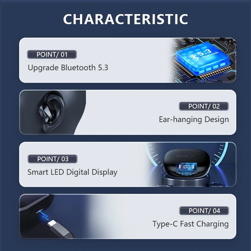 Original Lenovo LP75 TWS Bluetooth V5.3 Headphones Wireless LED Digital Display Earphones Noise Reduction Waterproof Headset New highlighting Bluetooth 5.3, ear-hanging design, LED display, and Type-C fast charging features.