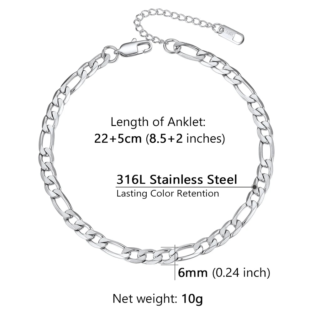 U7 Ankle Bracelets for Women 6mm Flat Curb Cuban Link Snake Figaro Mariner Link Chain Anklets Summer Beach Feet Jewelry Gift