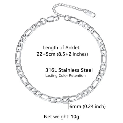 U7 Ankle Bracelets for Women 6mm Flat Curb Cuban Link Snake Figaro Mariner Link Chain Anklets Summer Beach Feet Jewelry Gift