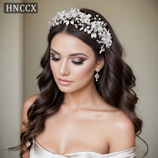 HNCCX Silver Color Alloy Leaves Hair Accessories For Elegant Girls Bride Wedding Hair Jewelry Pearl Headpieces Gift CP603