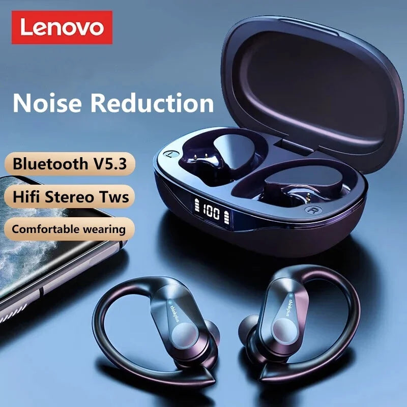 Original Lenovo LP75 TWS Bluetooth V5.3 Headphones Wireless LED Digital Display Earphones Noise Reduction Waterproof Headset New shown with charging case and LED battery indicator highlighting noise reduction and comfortable wearing features.