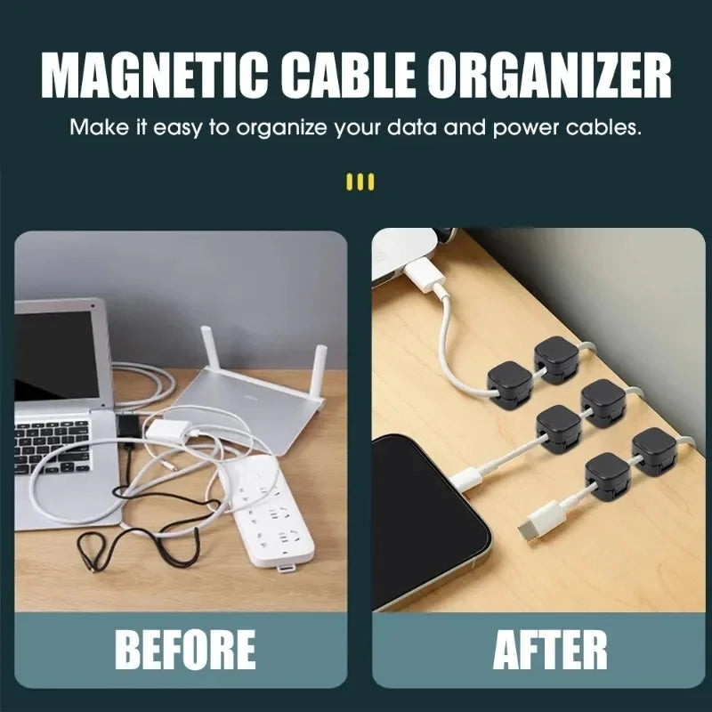 Comparison of cluttered cables before and neatly organized cables after using Magnetic Cable Clip Cable Holder Adhesive Wire Keeper Cord Cable Organizer for Home Office Under Desk Management on a desk with electronic devices.
