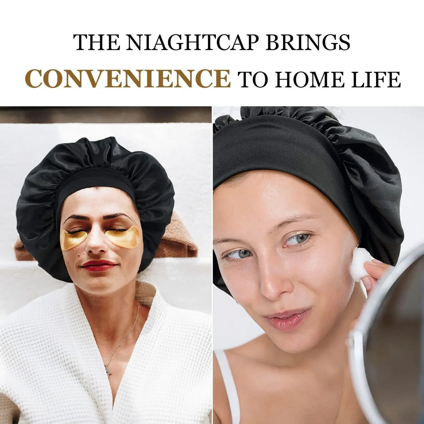 Two women wearing a black Women Satin Bonnet Hair Bonnet for Sleeping Hair Care Silk Bonnets Solid Wide-brimmed Sleeping Hat with Elastic Soft Band while relaxing and applying skincare at home.