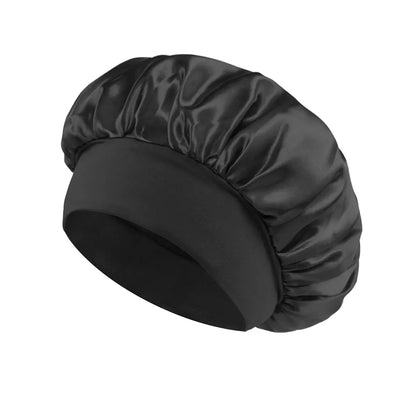 Black Women Satin Bonnet Hair Bonnet for Sleeping Hair Care Silk Bonnets Solid Wide-brimmed Sleeping Hat with Elastic Soft Band designed for comfortable overnight use.