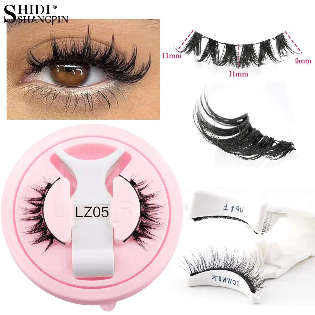Hot 1 Pair Magnetic Eyelashes Handmade Fluffy Faux Mink Lashes Reusable Natural False Eyelashes and Magnetic Tweezers Set Makeup displayed with close-up on eye showing lashes, lash length measurements, and packaging.
