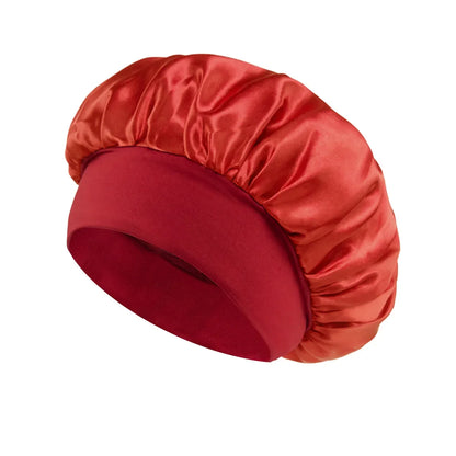 Red and maroon Women Satin Bonnet Hair Bonnet for Sleeping Hair Care Silk Bonnets Solid Wide-brimmed Sleeping Hat with Elastic Soft Band designed for comfortable nighttime hair protection.