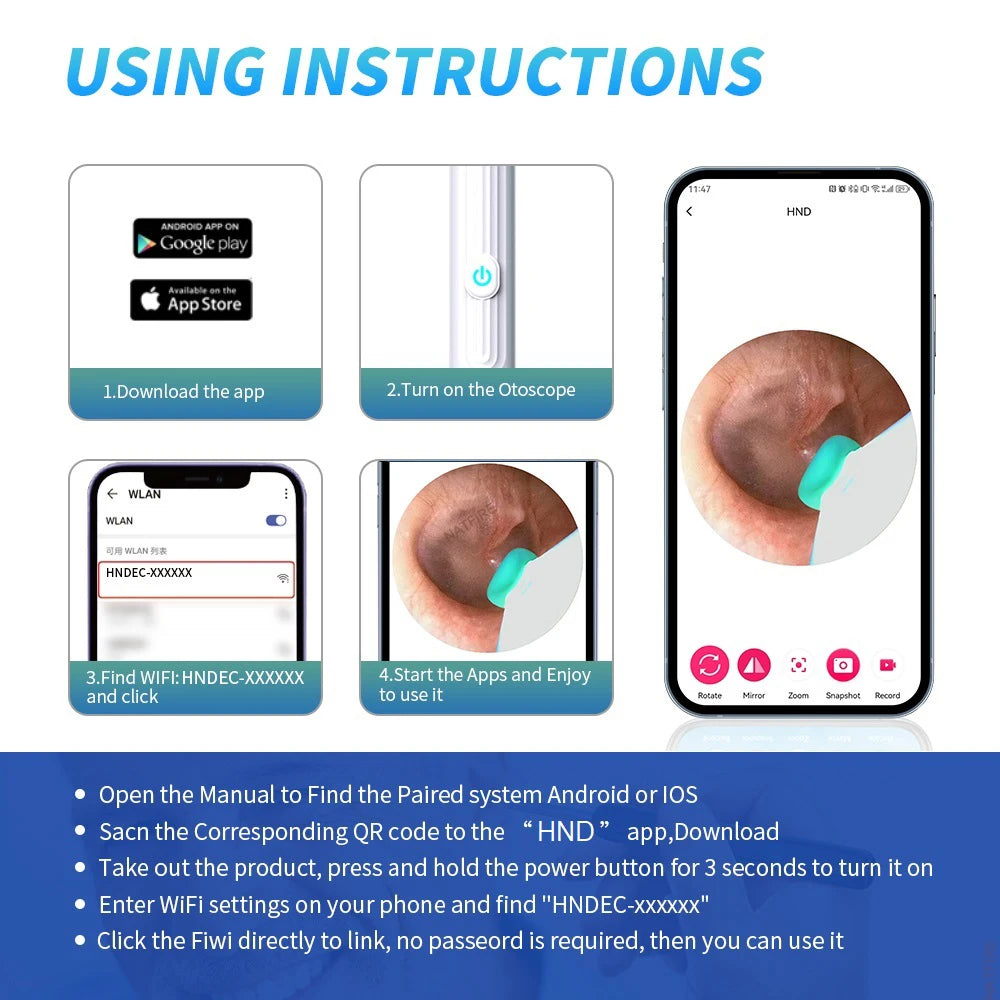 Instructional guide for Smart Visual Ear Cleaner with Camera 1296P Ear Sticks USB C Charging Ear Wax Removal Tool WIFI Connection 6 LED Lights Earpick showing app download, device power on, wifi pairing, and ear cleaning steps on a smartphone.