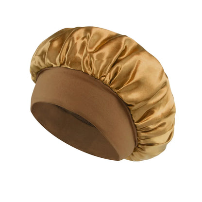Women Satin Bonnet Hair Bonnet for Sleeping Hair Care Silk Bonnets Solid Wide-brimmed Sleeping Hat with Elastic Soft Band in shiny golden satin fabric with a soft brown elastic band for secure fit.