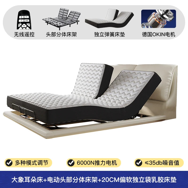 Elegant Modern White Double Bed Frame Luxury Leather Villa Smart Bed Adjustable Electric Cama Matrimonial Bedroom Set Furniture