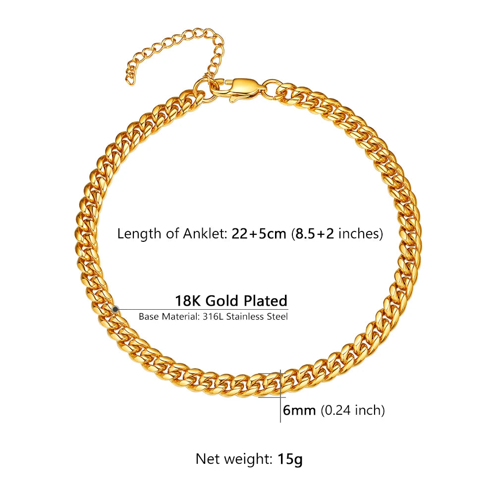 U7 Ankle Bracelets for Women 6mm Flat Curb Cuban Link Snake Figaro Mariner Link Chain Anklets Summer Beach Feet Jewelry Gift
