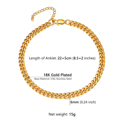 U7 Ankle Bracelets for Women 6mm Flat Curb Cuban Link Snake Figaro Mariner Link Chain Anklets Summer Beach Feet Jewelry Gift