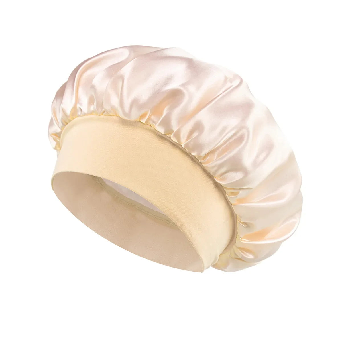 Women Satin Bonnet Hair Bonnet for Sleeping Hair Care Silk Bonnets Solid Wide-brimmed Sleeping Hat with Elastic Soft Band in a smooth light champagne color for gentle hair protection.