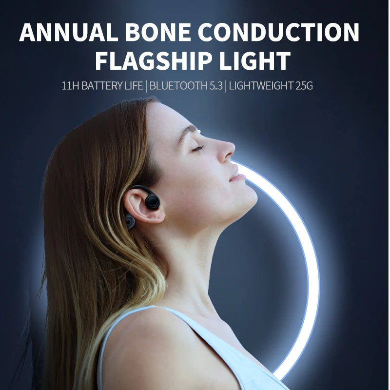 Woman wearing Xiaomi Mijia Bone Conduction Earphones Bluetooth 5.3 Sports Wireless Headphones Ear Hook Waterproof Headset for Running Driving with eyes closed against illuminated circular background