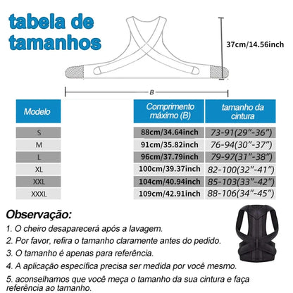 Achieve Posture with Adjustable, Breathable Polyester Posture Corrector - Universal Fit for Pain Rel displayed with size chart illustrating waist measurements and maximum length for various sizes.