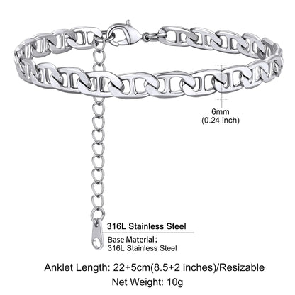 U7 Ankle Bracelets for Women 6mm Flat Curb Cuban Link Snake Figaro Mariner Link Chain Anklets Summer Beach Feet Jewelry Gift