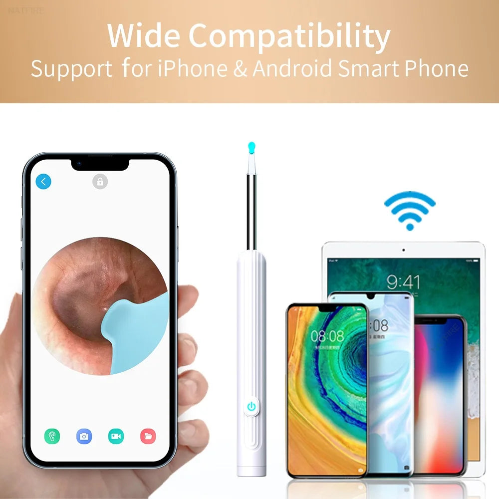 Smart Visual Ear Cleaner with Camera 1296P Ear Sticks USB C Charging Ear Wax Removal Tool WIFI Connection 6 LED Lights Earpick shown with compatible iPhone and Android smartphones and tablet displaying ear canal view.