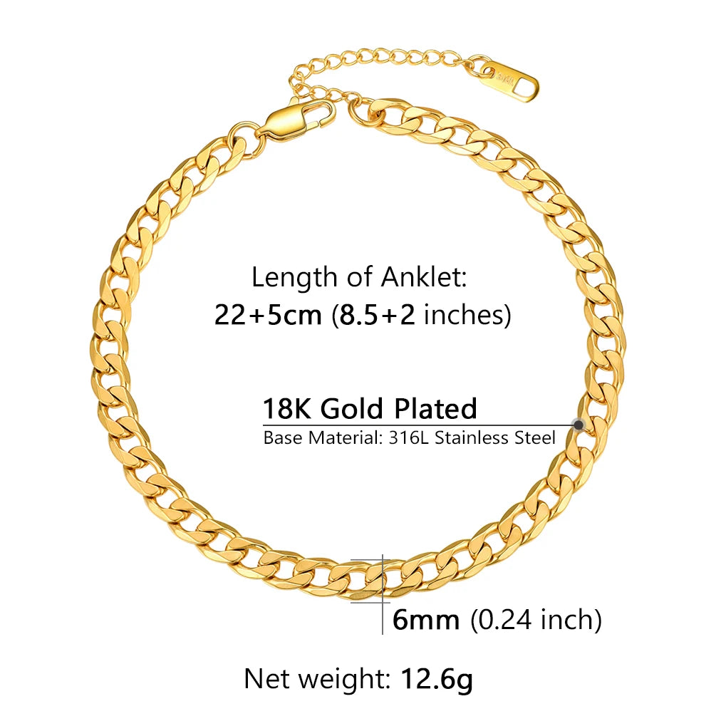 U7 Ankle Bracelets for Women 6mm Flat Curb Cuban Link Snake Figaro Mariner Link Chain Anklets Summer Beach Feet Jewelry Gift