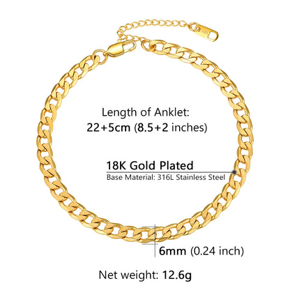 U7 Ankle Bracelets for Women 6mm Flat Curb Cuban Link Snake Figaro Mariner Link Chain Anklets Summer Beach Feet Jewelry Gift
