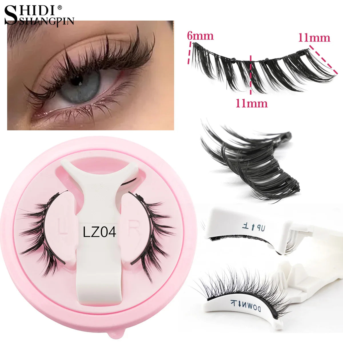 Close-up of a blue eye wearing Hot 1 Pair Magnetic Eyelashes Handmade Fluffy Faux Mink Lashes Reusable Natural False Eyelashes and Magnetic Tweezers Set Makeup, showing lash length measurements and application tools.