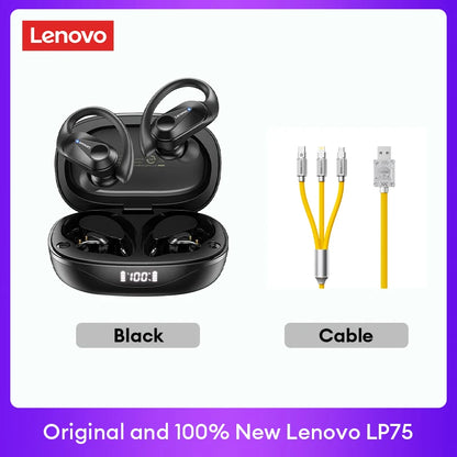 Original Lenovo LP75 TWS Bluetooth V5.3 Headphones Wireless LED Digital Display Earphones Noise Reduction Waterproof Headset New shown in black with charging case and multi-connector yellow cable.