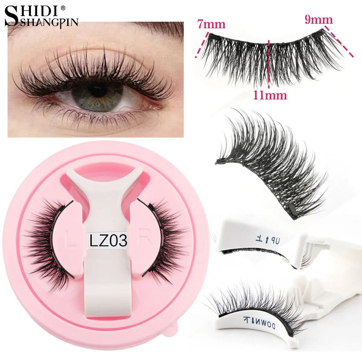Hot 1 Pair Magnetic Eyelashes Handmade Fluffy Faux Mink Lashes Reusable Natural False Eyelashes and Magnetic Tweezers Set Makeup shown with close-up eye view, individual lashes, and storage case.