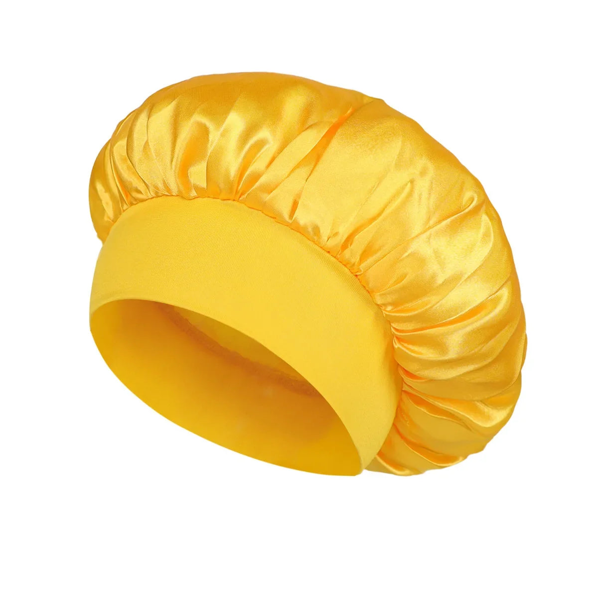 Bright yellow Women Satin Bonnet Hair Bonnet for Sleeping Hair Care Silk Bonnets Solid Wide-brimmed Sleeping Hat with Elastic Soft Band designed for gentle hair protection during sleep.