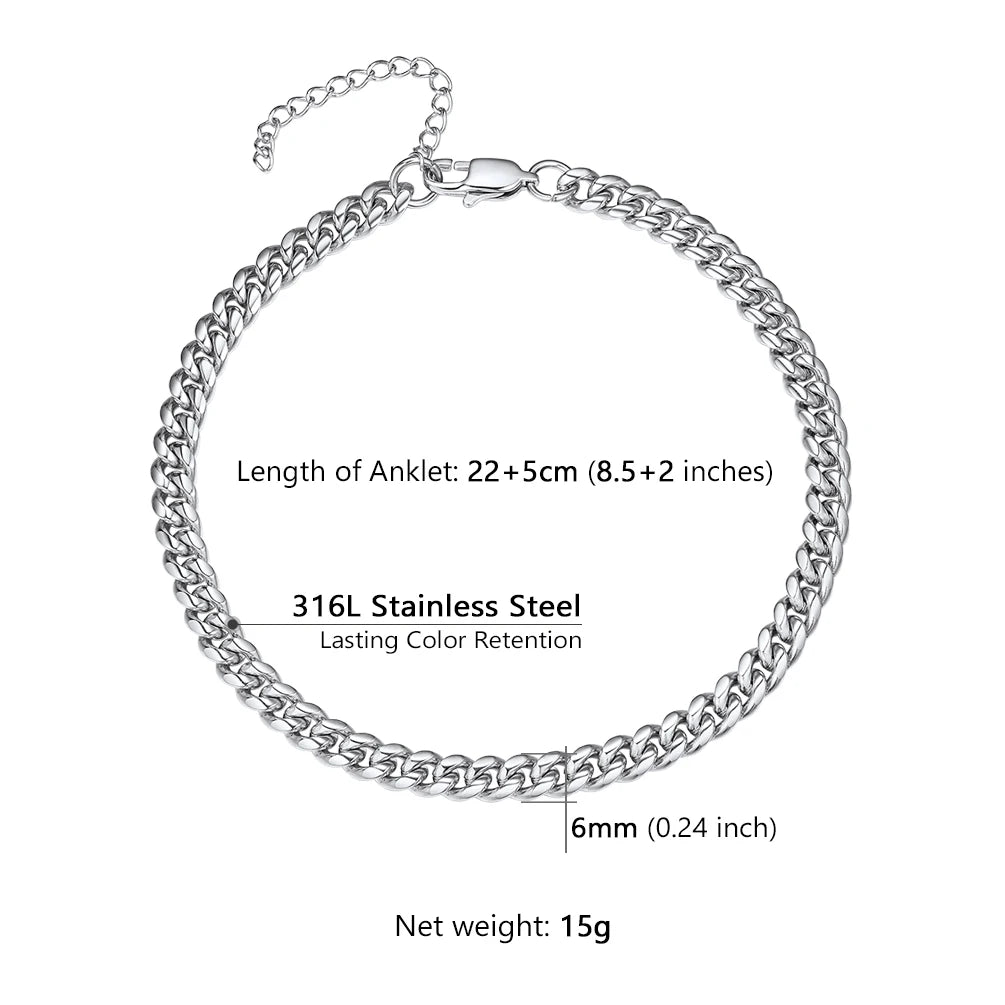 U7 Ankle Bracelets for Women 6mm Flat Curb Cuban Link Snake Figaro Mariner Link Chain Anklets Summer Beach Feet Jewelry Gift