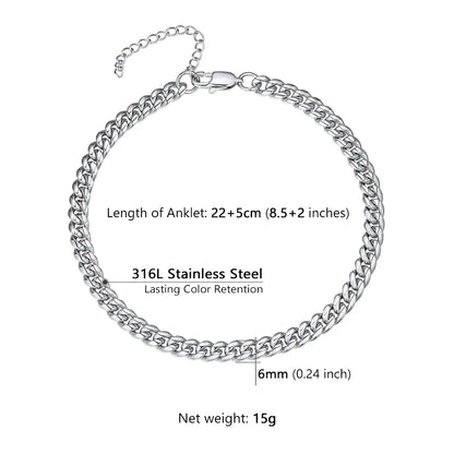 U7 Ankle Bracelets for Women 6mm Flat Curb Cuban Link Snake Figaro Mariner Link Chain Anklets Summer Beach Feet Jewelry Gift
